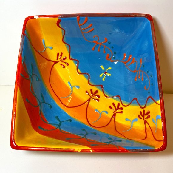Colourful Square Ceramic Bowl Hand Painted Mexican Flare *read* - Picture 1 of 5